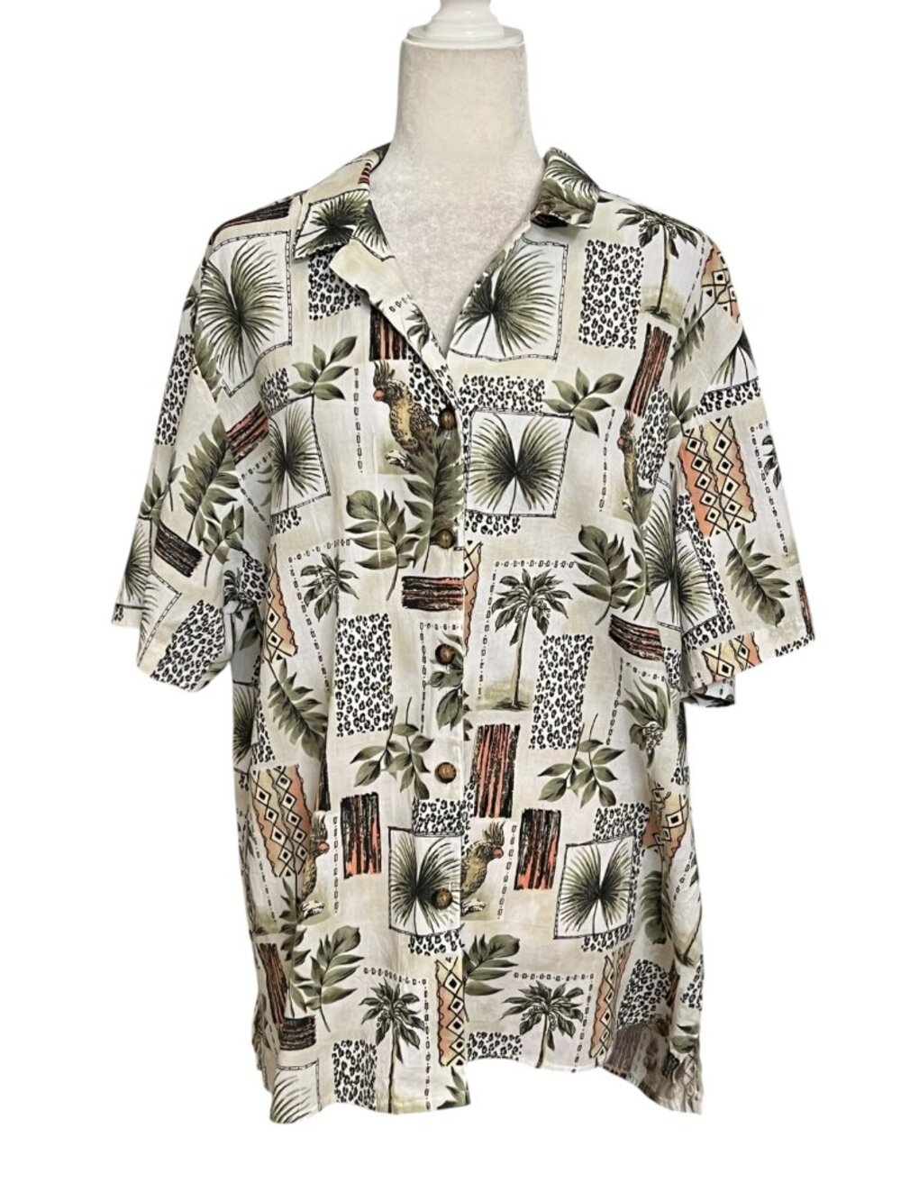 Tapestry 1X Hawaiian Tropical Shirt USA Cotton Palm Tree Cockatoo Camp Button